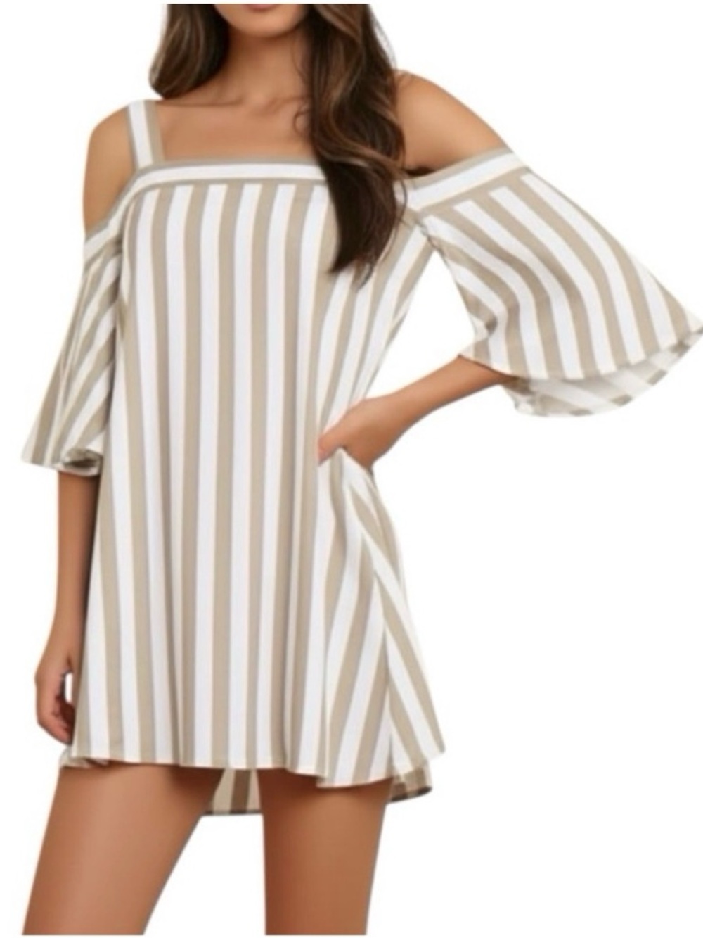 Anthropologie Taylor Cold Shoulder Flare Sleeve Stripe Mini Dress 8 Tan & White
